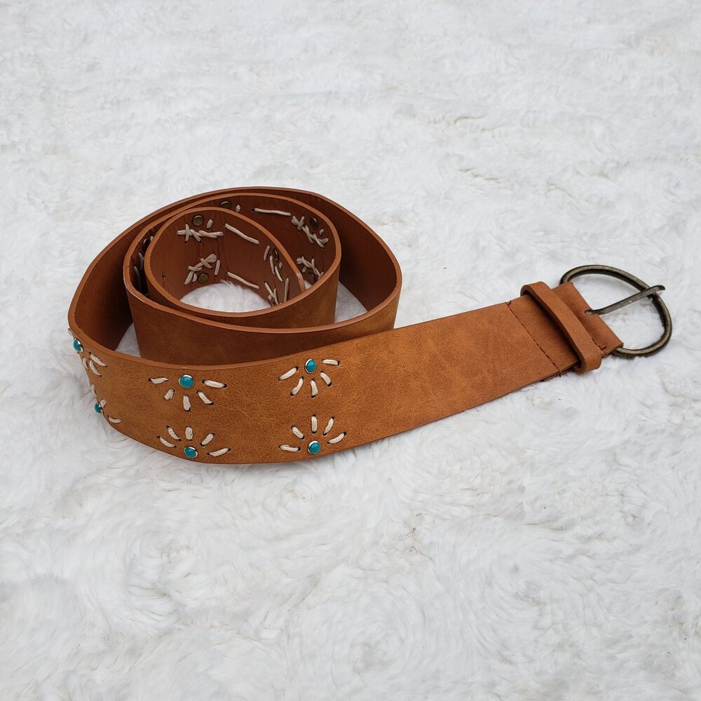 Brown vegan Leather Belt Size 13 Bohemian Boho Southwestern Style